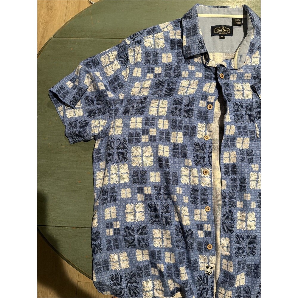 Nat Nast Luxury Originals Blue Geometric Silk Cotton XL Button Down Shirt - Picture 2 of 11